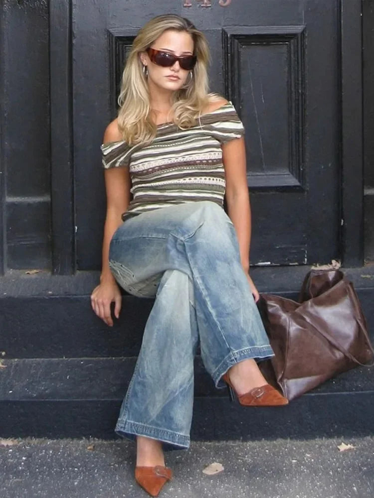 Women's Vintage Baggy Jeans High-Waisted Wide Leg Denim Pants with Back Wing Print Washed Y2K Streetwear 2025 Spring Summer Chic