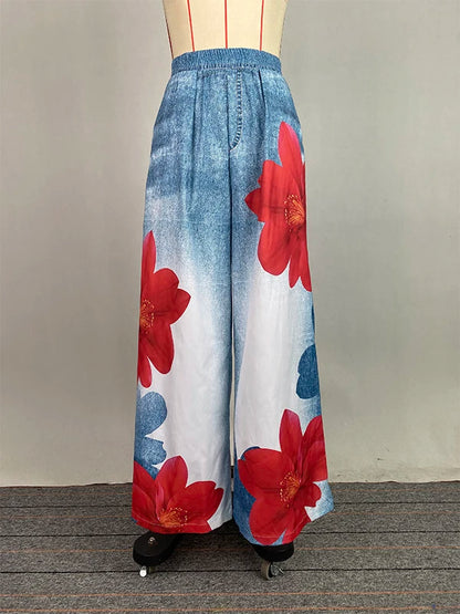 Casual Flower Printing Jeans For Woman 2025 Streetwear Wide-leg Pants Elastic Waist Pockets Denim Trousers Bottoms 179536