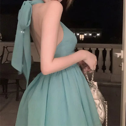 Women Sexy Halter Mini Dress Elegant A-line Puffy Hem Slim Fit Backless Ruffle Sleeveless Summer Party Vacation Wedding Outfit