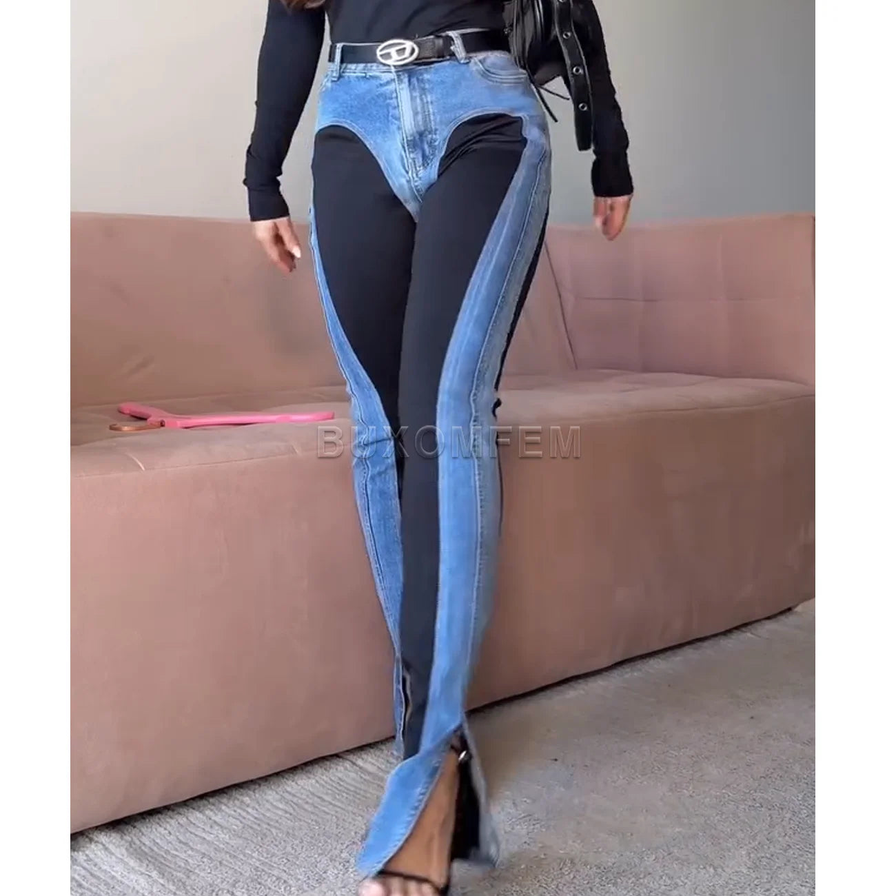 Women's Fashion Two Tone Jeans Pushed Up Peach Buttocks Flared Trousers Stylish Slim Fit High Waisted Denim Pants Ladies Outwear