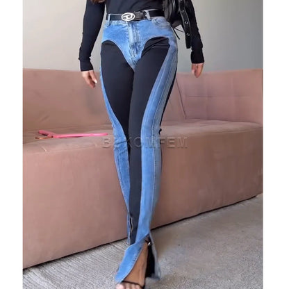 Women's Fashion Two Tone Jeans Pushed Up Peach Buttocks Flared Trousers Stylish Slim Fit High Waisted Denim Pants Ladies Outwear