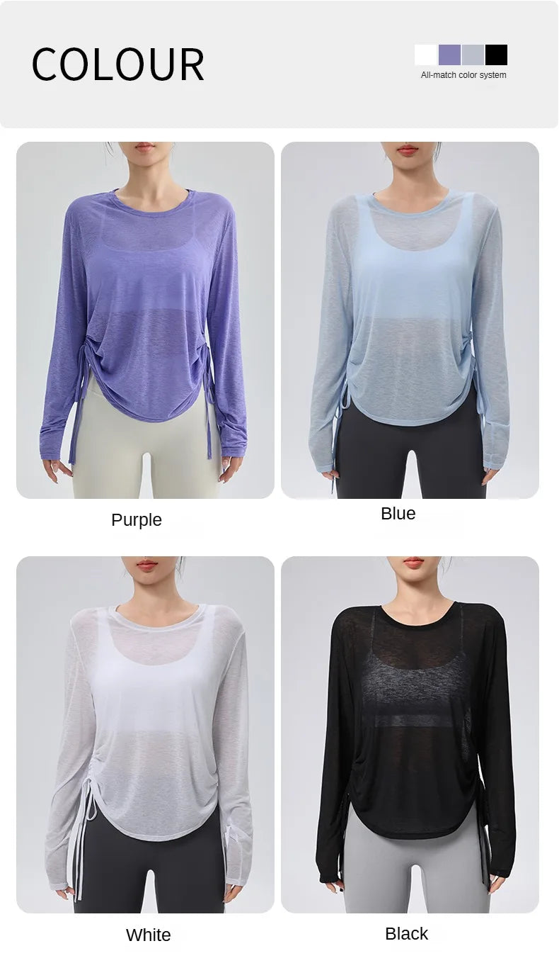 Thin Sunscreen Clothes Yoga Loose Top Drawstring Long Sleeve T-shirt Women's Gym Outdoor Exercise Clothing