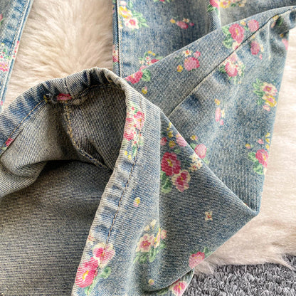 Women's Fashion Floral Print Denim Pants Colorful Flower Wide Leg Trousers Female Spring Autumn Versatile High Waist Blue Jeans