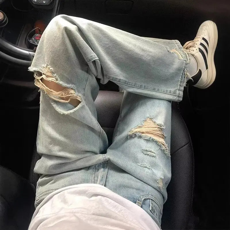 American high street old ripped large size jeans for women in summer design high waist slimming wide-leg trousers