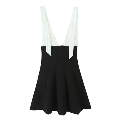 HH Women's New Fashion Mini Dress White Black V-Neck Backless Zipper Decorate Female Summer Sexy Chic Sleeveless Dresses