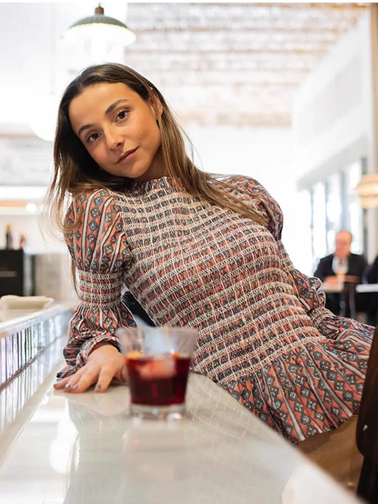 Women's Tops Vintage Plaids Elastic Pleated T Shirt Casual O Neck Long Sleeves Ruffles Hem Top Spring Chic Lady High Street Wear