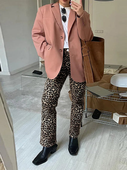 High-Waisted Leopard Print Denim Jeans for Women Retro Slim Straight Leg Trousers Vintage Y2k Hip Hop Streetwear Lady Fashion