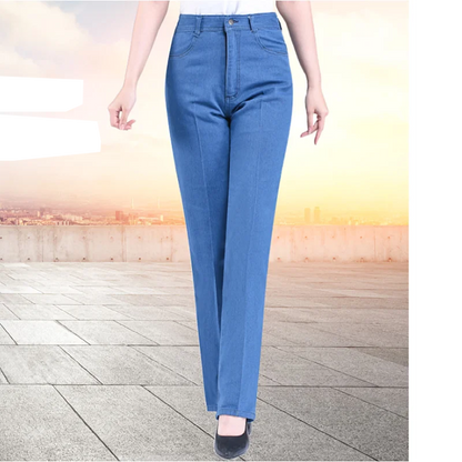 Middle-aged Women's Jeans Spring Autumn High Waist Solid Color Denim Pants Large Size Loose Female Straight Casual Cowboy Pants