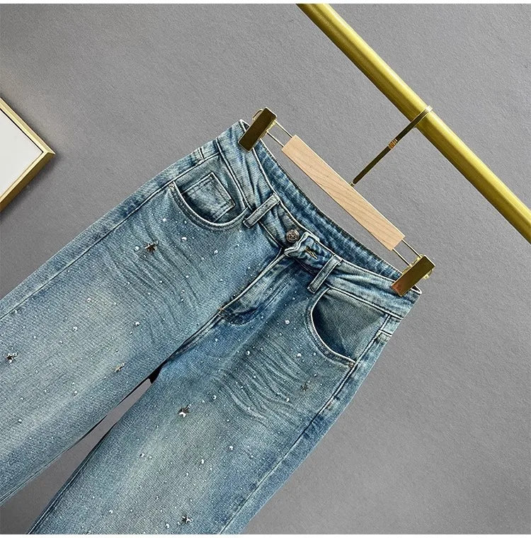 Fashion Women Blue Jeans High Waist Diamond Studded Straight Denim Pants Spring Summer Female Chic Trousers