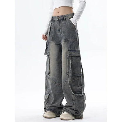 Women Blue Jeans Cargo Pants Streetwear High Waist Wide Leg Pants Fashion Y2K Style Female Winter Straight Trousers