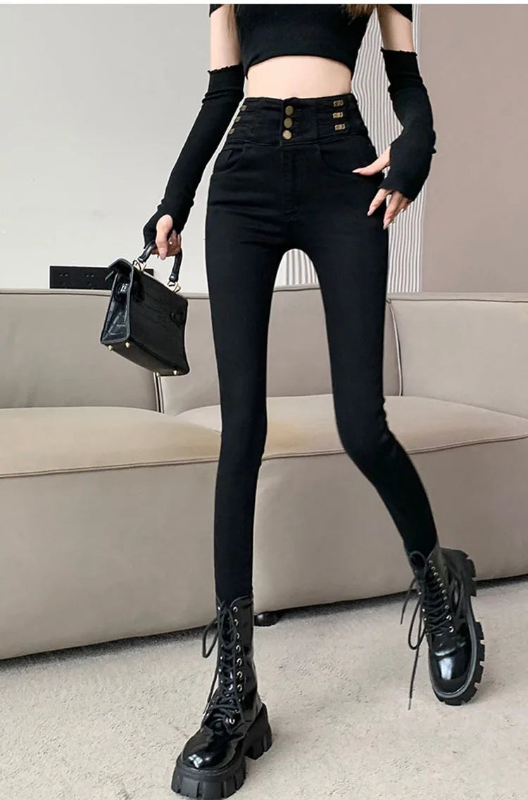 winter warm thick fleece woman's jeans with high waist jeans woman mom jeans women's jeans for women jean femme clothe black