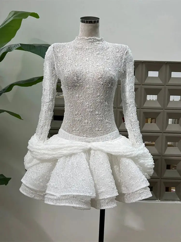 Chic Sheer Three Pieces Mini Dresses For Women Sexy O Neck Long Sleeve Tops Shorts Celebrity See Through Birthday Luxury Outfit