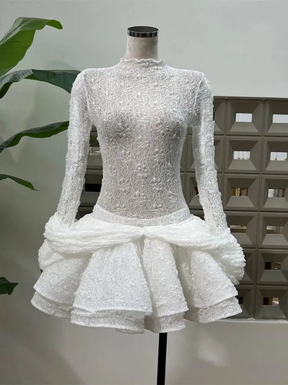 Chic Sheer Three Pieces Mini Dresses For Women Sexy O Neck Long Sleeve Tops Shorts Celebrity See Through Birthday Luxury Outfit