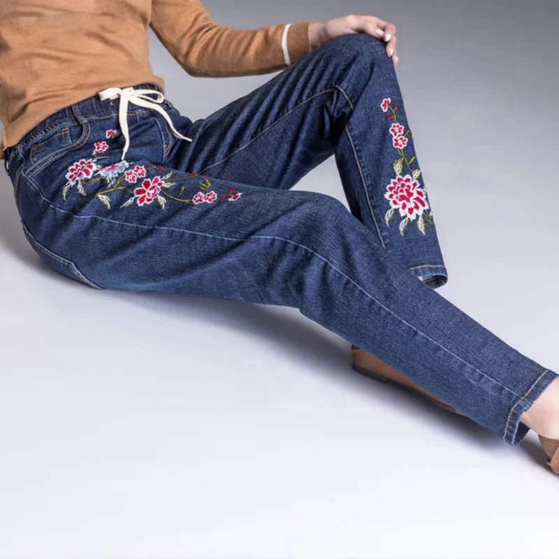 Brand Embroidery Jeans Womens Light Blue Elastic Waist Denim Pants High Waist Straight Leg Cropped Cut Jeans Spring Female