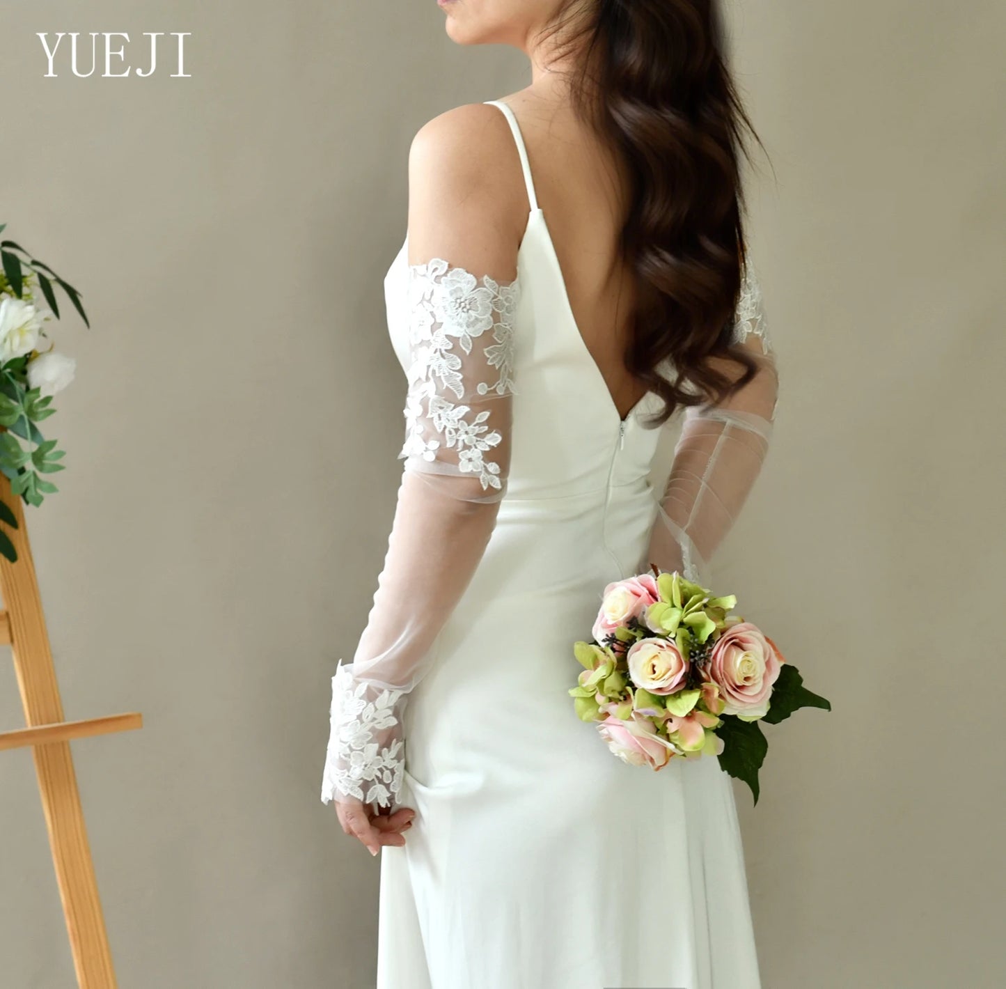 YUEJI Bridal Wedding Mesh Elbow Length Fingerless Gloves High Quality Handmade Lace Embroidery Stage Performance Props VM46