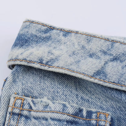 HH Women's 2025 New Fashion Retro Versatile Mid-Waist Turn-Down Jeans Female High Street Casual Ripped Decorative Wide Leg Pants