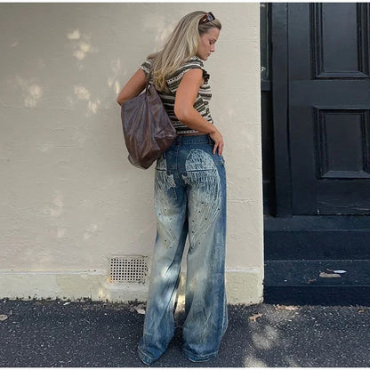 Women's Vintage Baggy Jeans High-Waisted Wide Leg Denim Pants with Back Wing Print Washed Y2K Streetwear 2025 Spring Summer Chic