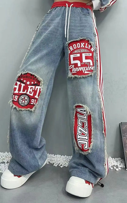 European Style Women's Jeans 2025 Autumn New Heavy-Duty Distressed Frayed Edge Letter Print Drawstring Long Pants Jeans Woman