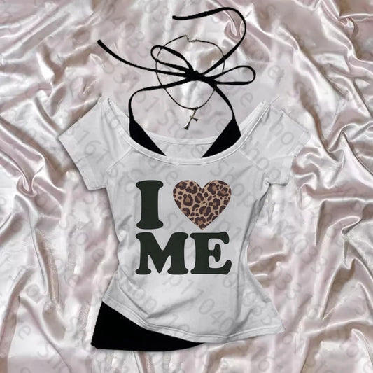 Women's Aesthetic Tops For Women Crop Top 2000s Tops With Suspenders Gothic Clothes Vintage Harajuku Grunge I LOVE ME printing