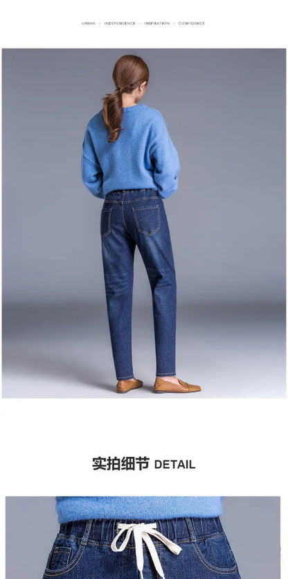 Brand Embroidery Jeans Womens Light Blue Elastic Waist Denim Pants High Waist Straight Leg Cropped Cut Jeans Spring Female