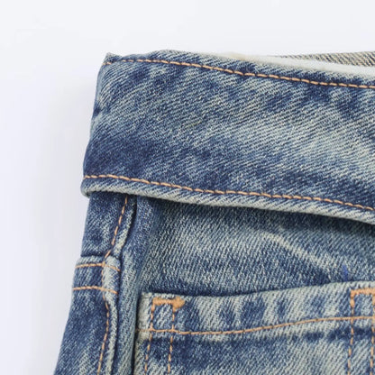 HH Women's 2025 New Fashion Retro Versatile Mid-Waist Turn-Down Jeans Female High Street Casual Ripped Decorative Wide Leg Pants