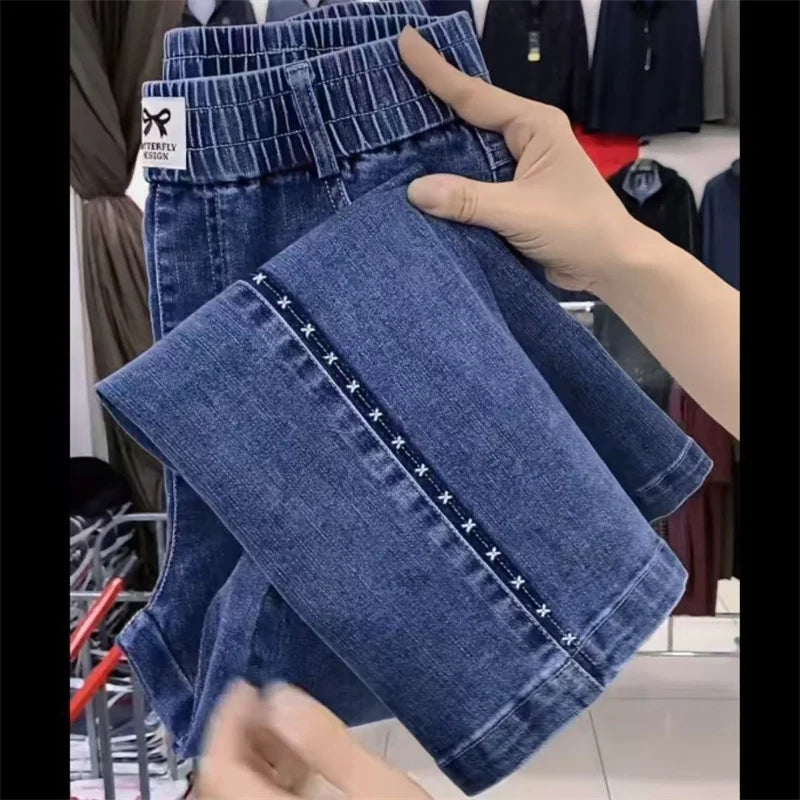 Fashion Women Jeans 2025 New Spring Autumn Korean Wild Elastic Waist Straight Denim Pants Female Trousers Female