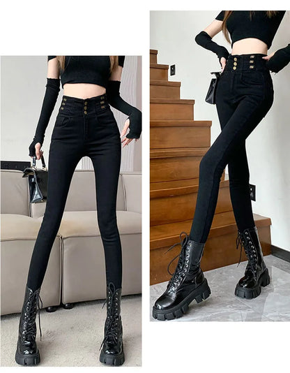 winter warm thick fleece woman's jeans with high waist jeans woman mom jeans women's jeans for women jean femme clothe black