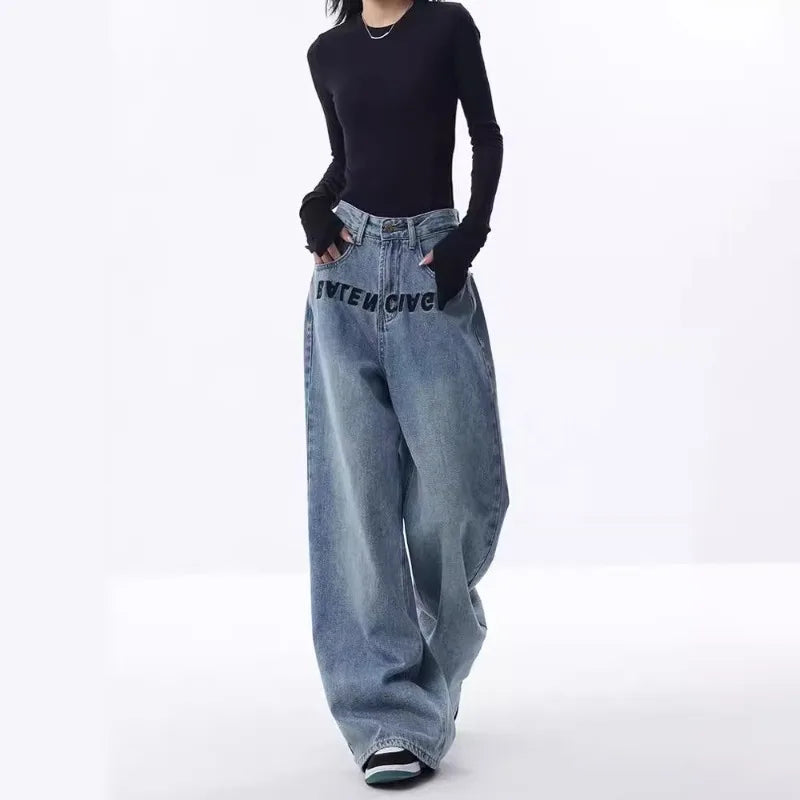 2024 New Blue Jeans Women Embroidered Design Sense Loose Wide Leg Pants Casual Street Style Pants