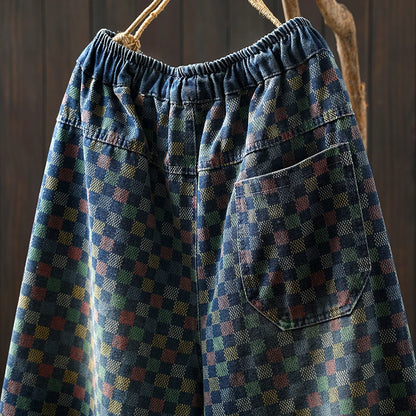 Women Casual Boyfriend Jeans New Arrival 2025 Autumn Vintage Style Plaid Pattern Loose Female Denim Harem Pants M1854