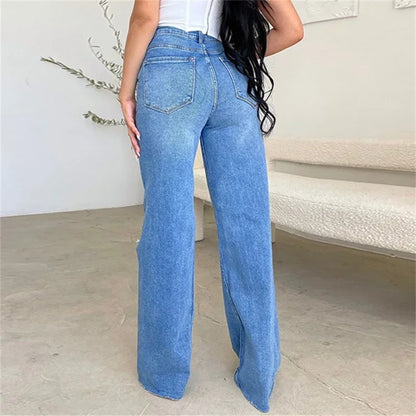 Women Knee Broken Holes Trend Straight Jeans Fashion Comfortable Casual High Waist Denim Pants Female Loose Wide Leg Trousers 24