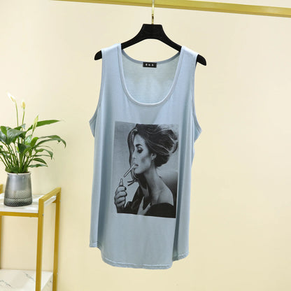 Women Long Tank Tops O-Neck Fashion Print Beauty's Head Casual Loose sleeveless T-shirt streetwear camis tops