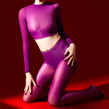 Women's 5D Ultrathin Crop Tops Elastic Shaping Oil Shiny Sheer See Through T-shirts Woman Clothing Summer Shirts Yoga Tops