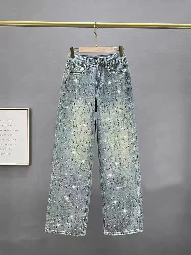Blue Heavy Embellied Design Women's Jeans Loose Fit Straight Leg Wide Leg Pants Versatile Slimming Spring Summer New Arrival