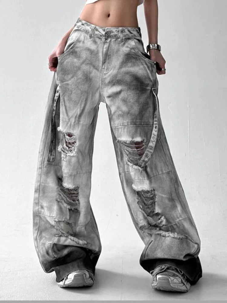 Women Tie Dye Ripped Jeans Woman Abandoned Soil Style Wide Leg Pants Summer Loose Workwear Denim Retro Vintage Trousers