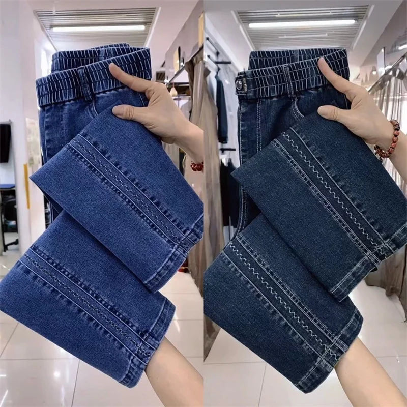 Fashion Women Jeans 2025 New Spring Autumn Korean Wild Elastic Waist Straight Denim Pants Female Trousers Female