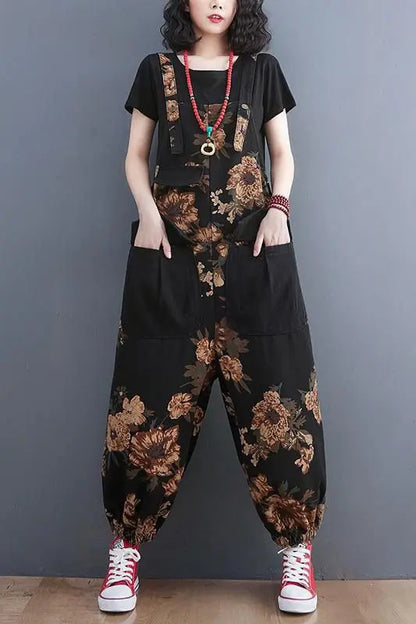 Women's Nine Split Jeans Overalls, Casual Female Print Jumpsuit, Loose Bloomers, Oversized Rompers, Suspenders, Fashion, Spring,