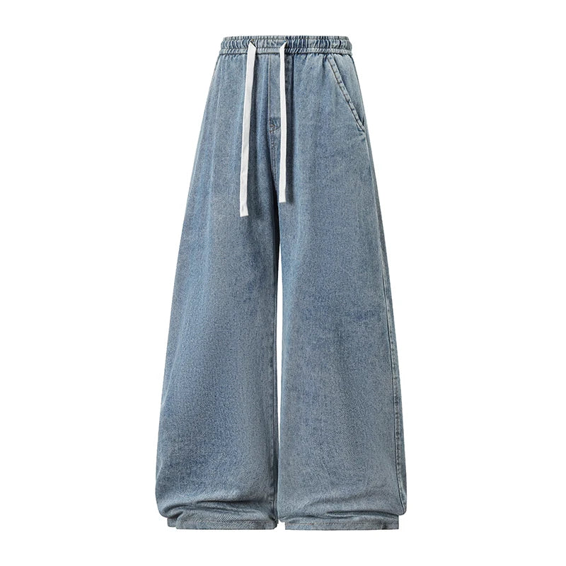 2025 New Elastic Waist Drawstring Solid Color Loose Fit Wide Leg Jeans Wide Leg Trendy High Waist Denim Pants for Men Women 3XL