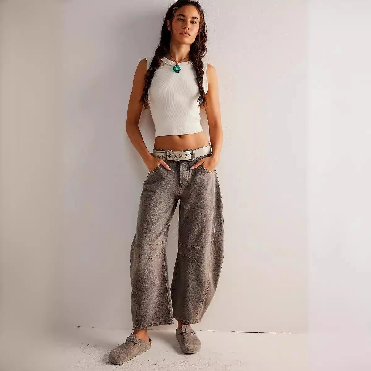 Cotton Denim Long Jeans For Women Trousers Casual  High Waisted Jeans Cropped Pants For Spring Summer Boho Beach Baggy Jeans