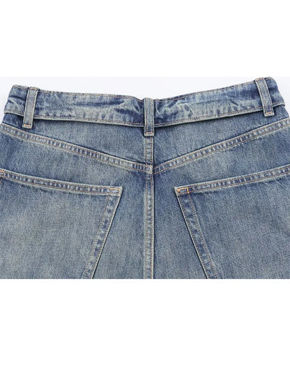 HH Women's 2025 New Fashion Retro Versatile Mid-Waist Turn-Down Jeans Female High Street Casual Ripped Decorative Wide Leg Pants