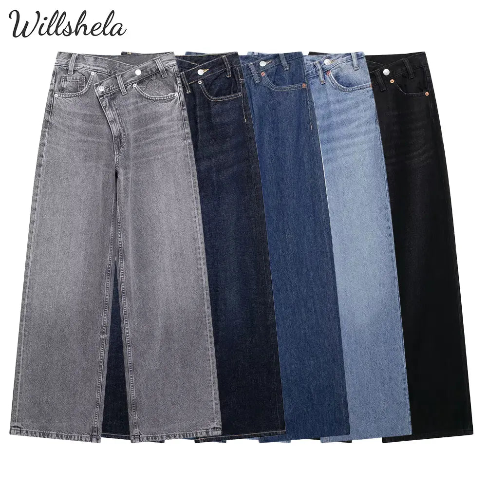 Willshela Women Fashion Denim Solid Straight Jeans Pant High Waist Full Length Casual Female Chic Lady Long Trousers