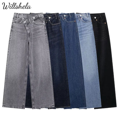 Willshela Women Fashion Denim Solid Straight Jeans Pant High Waist Full Length Casual Female Chic Lady Long Trousers