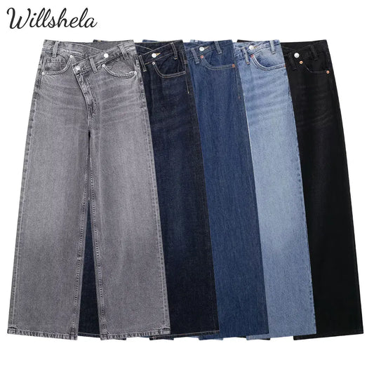 Willshela Women Fashion Denim Solid Straight Jeans Pant High Waist Full Length Casual Female Chic Lady Long Trousers