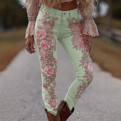 Women's Fashion Casual 3D Floral Print Straight Jeans Denim Bottoms