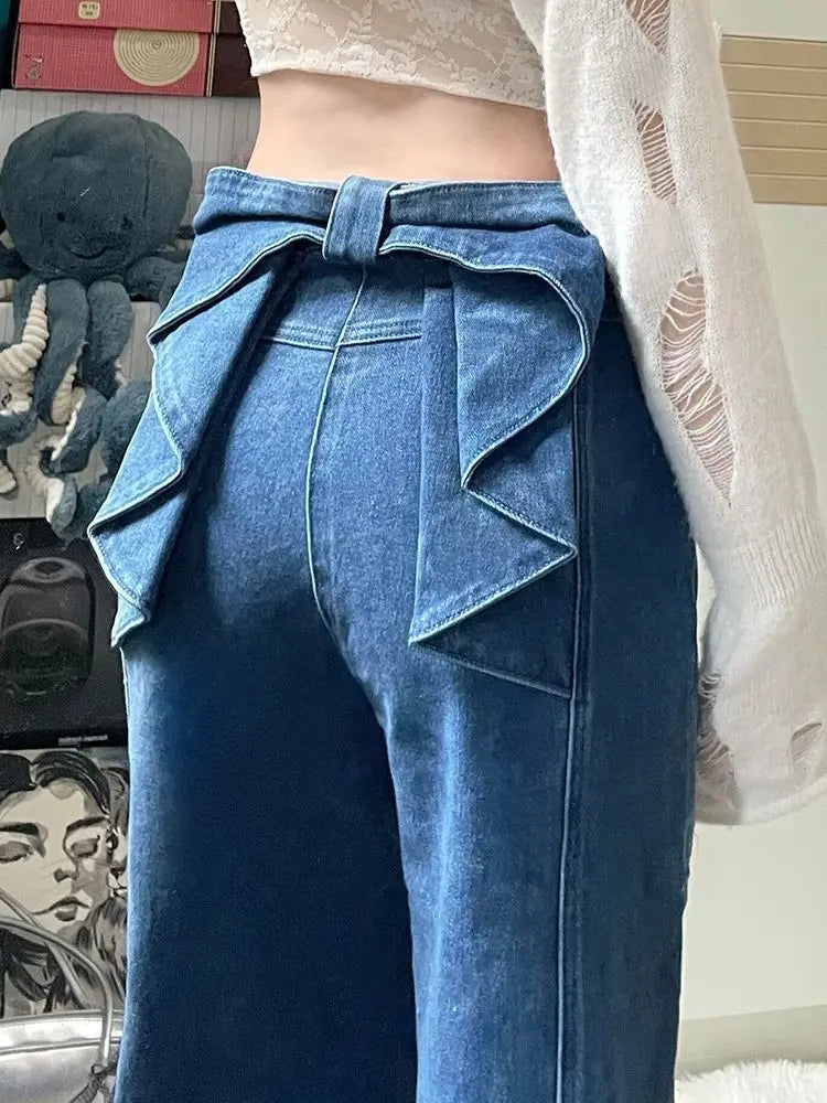 Women's Casual Bowknot Design Jeans Aesthetic Clothes Women Mid Waist Baggy Loose Trousers Fashion Ladies Denim Pants Streetwear