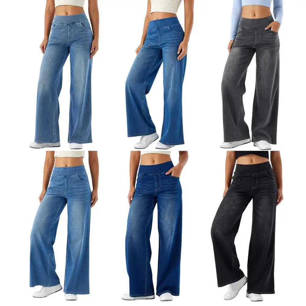 Women Jeans With Pockets Elastic High Waist Solid Color Full Length Pants Straight Wide Leg Trousers Sweatpant Daily Commuting