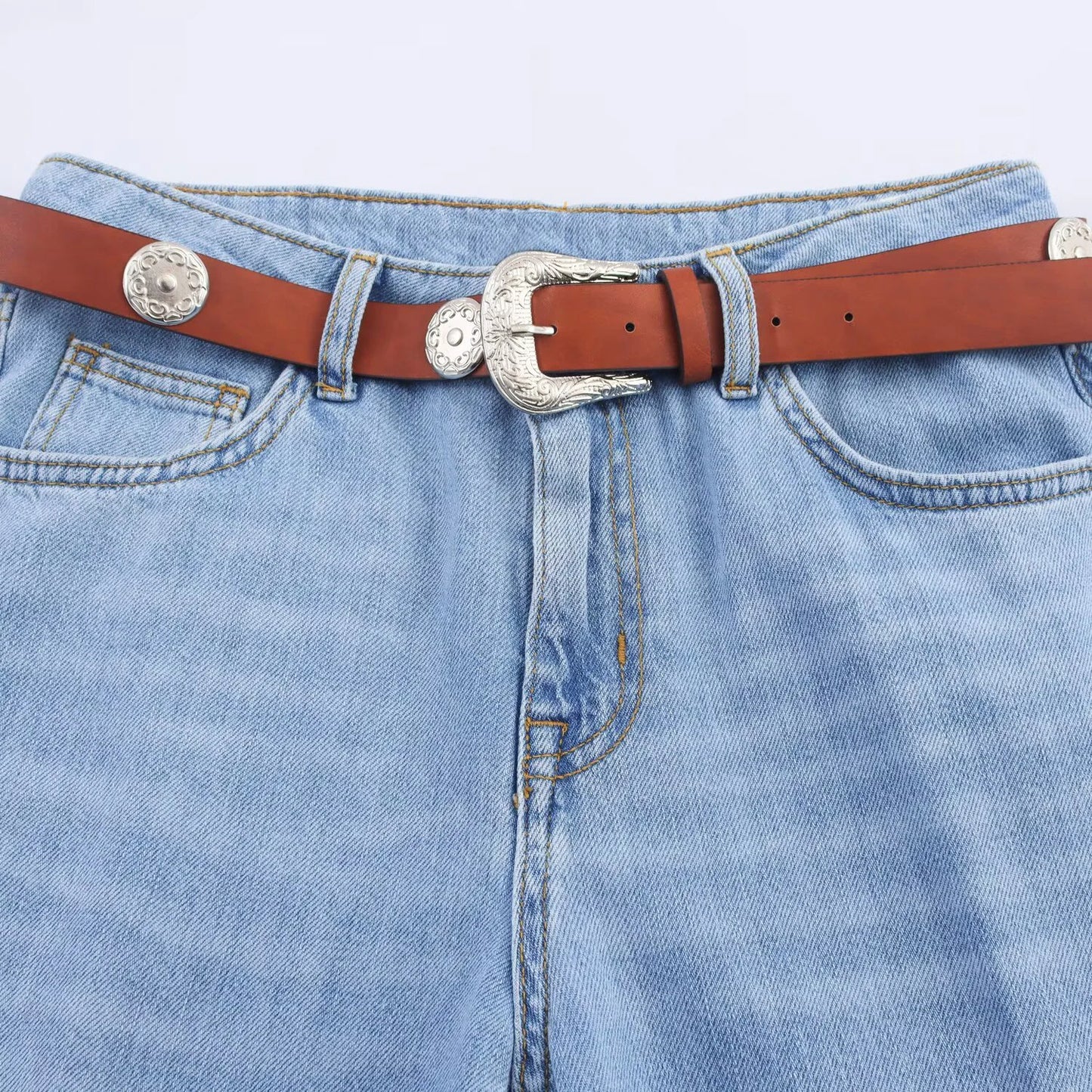 Women's European and American style layered denim vest top with belt high waisted straight leg jeans set