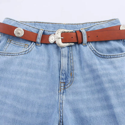 Women's European and American style layered denim vest top with belt high waisted straight leg jeans set