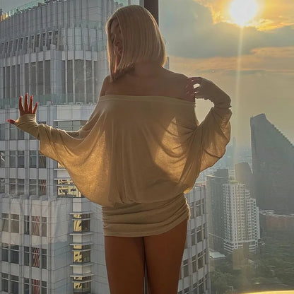 Fashion Off Shoulder Sheer Mini Dress Outfits For Women Hot Sexy Long Sleeve Ruched Party Dresses Bodycon Solid Color Robe Femme