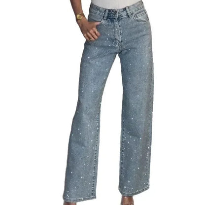 Women's full diamond washed denim jeans women's high-end high waisted straight leg pants spicy pants