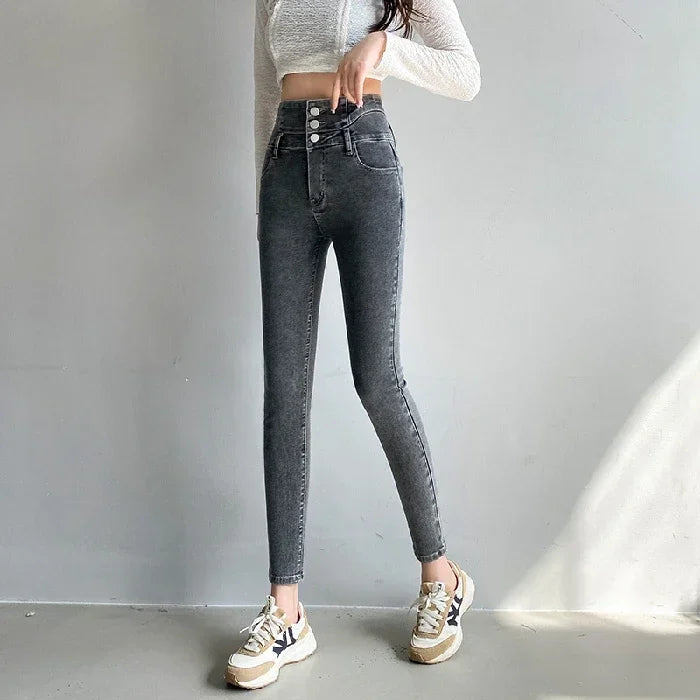 New Women's High Waist Stretch Jeans Blue Black Gray Fashionable and Versatile Multi-button Popular Slim Denim Long Pants Female